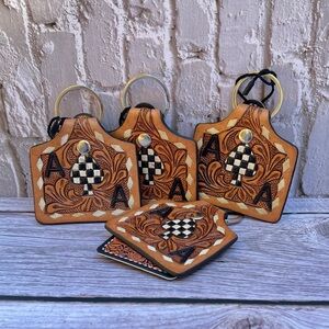 Checkered Ace Of Spades Hand Tooled Leather Keychain